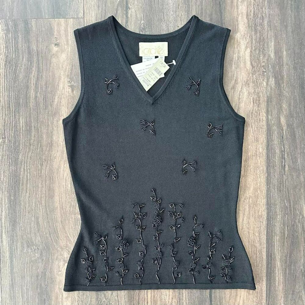 NWT Cache Gold Label Shirt Floral Beaded Black Sleeveless Sweater Vest Sz Small
